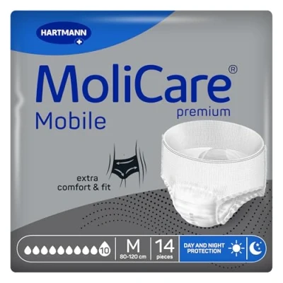 Abbildung von MoliCare premium Mobile 10 Tropfen Größe M, Inkontinenzhosen für Frauen und Männer mit schwerer Inkontinenz, extra Auslaufschutz, fortschrittlicher Hautschutz, verbesserte Passform, 14 Stück