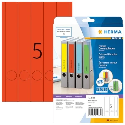 Abbildung von HERMA 5132 Ordnerrücken Etiketten lang schmal, 20 Blatt, 38 x 297 mm, 5 pro A4 Bogen, 100 Stück, selbstklebend, bedruckbar, blickdicht, blanko Papier Ordneretiketten Rückenschilder Aufkleber, rot