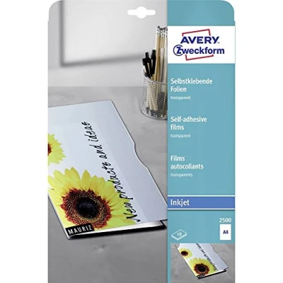 Abbildung von AVERY Zweckform 2500 Transparente Folien für Inkjetdrucker (10 selbstklebende mit hoher Farbbrillanz, A4, spezialbeschichtet, stapelverarbeitbar, fotorealistisch, Folienstärke 0,17mm)