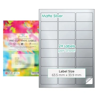 Abbildung von Evergreen Goods Wasserdichte A4 Multi Aufkleber Etiketten, vorgeschnitten mattsilber, 3 x 8 (24 pro Blatt), 240 10 Blatt