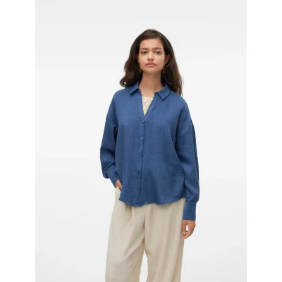 Abbildung von VERO MODA Damen VMMELANEY QUEENY LS Shirt WVN NOOS Hemd, Dark Denim/Detail:Melange, Small