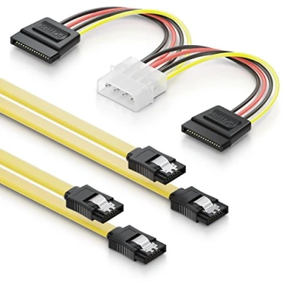 Abbildung von deleyCON SATA Kabel Set 2x 0,5m S ATA 3 + 4Pin zu Stromadapter HDD SSD Datenkabel mit Clip 1x Stecker Gerade Gelb