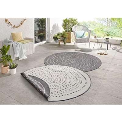 Abbildung von NORTHRUGS in und Outdoor Teppich Bali Rund ⌀140cm Wendeteppich Wetterfest Modernes Punkte Design Läufer für Balkon Terrasse Garten Wintergarten Wohnzimmerteppich Wasserfest Grün Creme