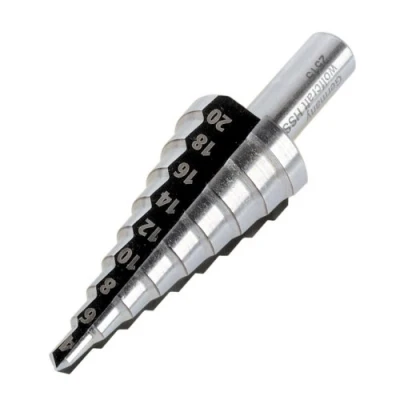 Abbildung von wolfcraft I 2515000 Stufenbohrer HSS für Edelstahl, Stahlbleche, NE Metalle, Kunststoffe aus Werkzeugstahl gefertigt Stufendurchmesser: Ø 4 20 mm Arbeitslänge: 42,5 Schaft: 8
