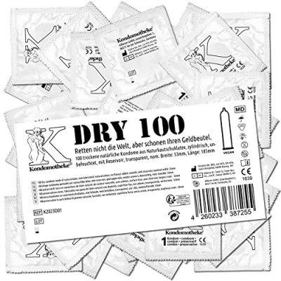 Abbildung von Kondomotheke DRY, trockene Kondome ohne Silikon, hohe Qualität, sicher und zuverlässig für Blowjob Sextoys geeignet hervorragendes Preis Leistungsverhältnis, 1 x 100 Stück