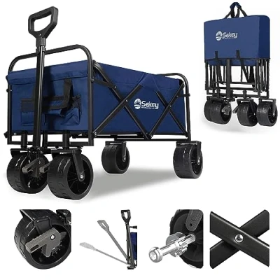 Abbildung von Sekey Bollerwagen Faltbar 200KG, Faltbarer PU Breite Reifen 17x10 cm, Faltbollerwagen Transportwagen Alle Gelände mit Teleskopstange Bremsen, Klassisch 3017, Dunkelblau