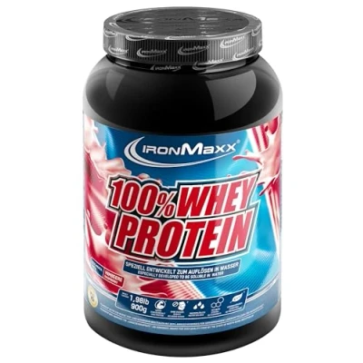 Abbildung von IronMaxx 100% Whey Protein Pulver Himbeere 900g Dose zuckerreduziertes, wasserlösliches Eiweißpulver aus Molkenprotein viele verschiedene Geschmacksrichtungen