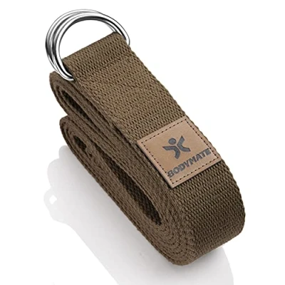 Abbildung von BODYMATE Yogagurt mit Verschluss aus Metall, Yoga Band für Anfänger und Fortgeschrittene, Schlaufe 100% Baumwolle, Strap 250cm lang 3,8 cm breit, Cool Grey