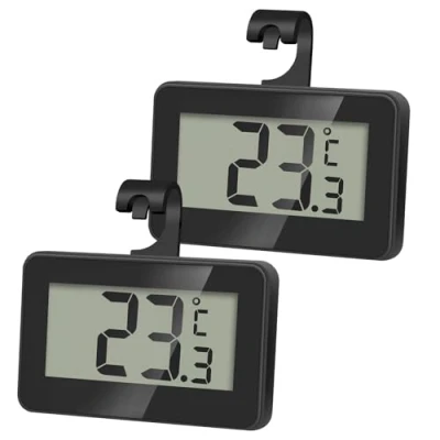 Abbildung von AiQInu 2 Stück Mini Thermometer Kühlschrank Digital, Magnetische Kühlschrankthermometer mit Haken, Gefrierschrank LCD Anzeige Lesen, Thermometers Frost Alarm für Zuhause, Schwarz