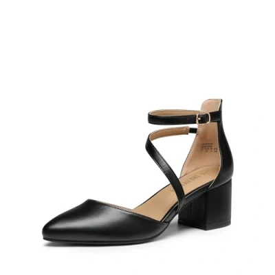 Abbildung von DREAM PAIRS Damen Pumps mit geschlossenem, spitzem Zehenbereich und niedrigem Blockabsatz, Knöchelriemen, Hochzeitsschuhe, Elegante Schuhe,Size 36.5,Schwarz Pu,SDPU2354W