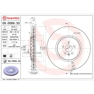 Abbildung von BREMBO 09.D069.33 Bremsscheibe 395 36 5 Verbundbremsscheibe, innenbelüftet beschichtet hochgekohlt LAND ROVER: Range Rover Velar
