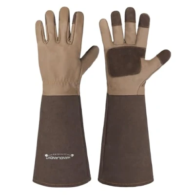 Abbildung von HANDLANDY Lange Gartenhandschuhe für Männer und Frauen, Schweinsleder, Rosen Handschuhe, atmungsaktiv langlebig, mit dornsicheren Stulpen (S, Braun)