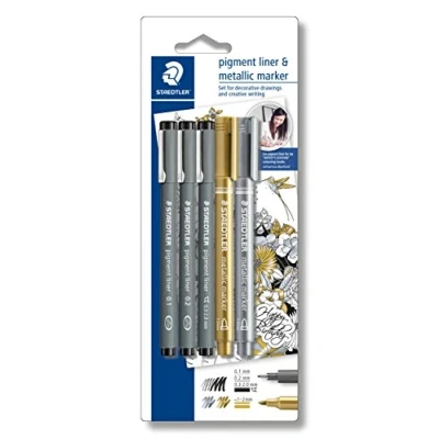 Abbildung von STAEDTLER pigment liner und metallic Marker im Set, hohe Qualität, Set mit 3 Finelinern schwarz 2 Metalic Markern gold silber, 308 SBK3P3