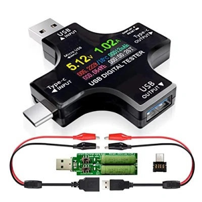 Abbildung von USB C Tester, 2 in 1 Typ Tester Farbbildschirm IPS Digitalmultimeter,Spannung,Strom,Leistung,Widerstand,Temperatur,Kapazitätsdetektor,mit Clip Kabel Unterstützt PD2.0/PD3.0,QC2.0/QC3.0, BC1.2