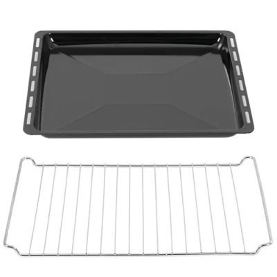 Abbildung von ICQN 45.5 x 37.5 cm Backbleche &amp; Gitter Set, 3 Tief Emailliert Fettpfanne und Verchromt Backofenrost für Backofen Herd, Kratzfest Rostfrei, 455 375 30 mm