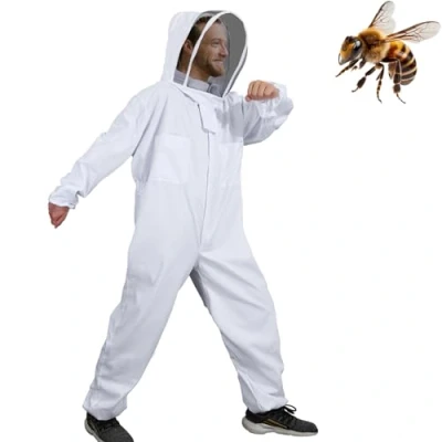 Abbildung von Moontay Baumwoll Ganzkörper Kleidung Imkeranzug Schutzanzug Overall Schutzkleidung mit Schleier Kapuze Mütze Schutz für Imker MEHRWEG weiß