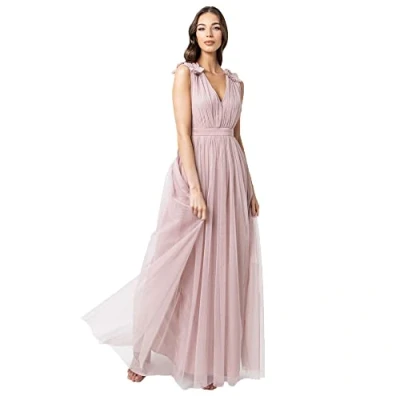 Abbildung von Maya Deluxe Damen Ärmelloses Abendkleid mit Gerafftem V ausschnitt &amp; Hoher Taille Hochzeitsgast Kleid Da Bridesmaid Dress, Frosted Pink, 38 EU