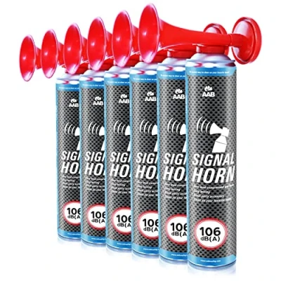 Abbildung von 6 x AAB Signal Horn Laut Drucklufthorn 106 dB(A), Fussball Fanartikel Mit Nicht Brennbarem Gas, Bis Zu 320 Kurze Pieptöne, Fanfare, Gaströte, Stadion Signalhorn, Drucklufthupe, Pressluft Tröte