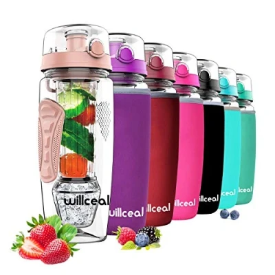 Abbildung von willceal Wasserflasche mit Fruchteinsatz 945 ml Durable abnehmbarem Eisgel Ball, groß BPA freies Tritan, Flip Deckel, dichtes Design Sport, Camping (Gold)