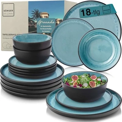 Abbildung von SÄNGER Granada Steingut Geschirr Set 18 tlg, Teller 6 Personen, Geschirrset 6x Speiseteller Müslischalen Dessertteller, Tafelservice blau mit schwarzem Rand kratzfest VALUE COLLECTION