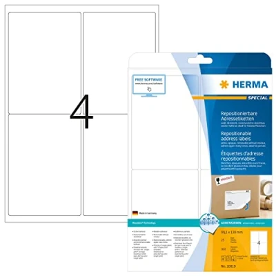 Abbildung von HERMA 10019 Universal Etiketten blickdicht ablösbar, 800 Blatt, 99,1 x 139 mm, 4 pro A4 Bogen, 3200 Stück, selbstklebend, bedruckbar, matt, blanko Papier Klebeetiketten Aufkleber, weiß
