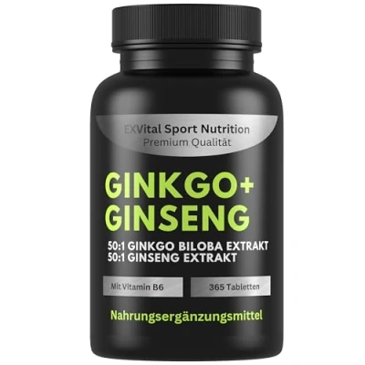 Abbildung von EXVital® Ginkgo + Ginseng, 365 Tabletten, 50:1 Pflanzenextrakte, hochdosiert Biloba &amp; Koreanischer Ginseng Laborgeprüft Vegan