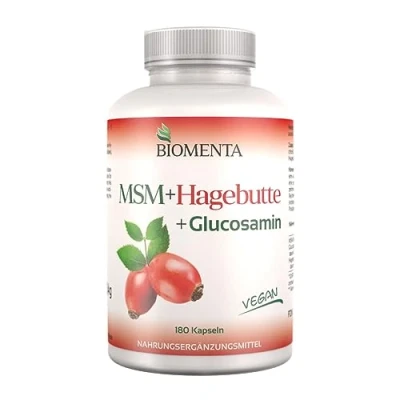 Abbildung von BIOMENTA MSM + Hagebutte Glucosamin 180 allergenfreie Kapseln hochdosiert mit 1.200 mg Schwefel Pulver 794 Glucosaminsulfat 300 Extrakt/Tag vegan Premiumqualität