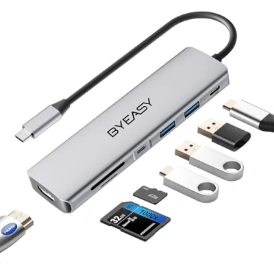 Abbildung von BYEASY USB C Hub, 7 in 1 Splitter mit 4K HDMI, SD/TF Kartenleser, 100W Power Delivery, 0.71ft Kabel Ultra Slim Adapter Kompatibel für Laptop und andere Typ Geräte