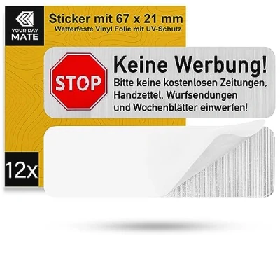 Abbildung von Briefkastenaufkleber &quot;Keine Werbung&quot;, 12 Stück, 67 x 21 mm, selbstklebende Folie in Edelstahl Optik, Briefkastenschild für Innen und Außenbereich, Keine Reklame Aufkleber, Klebeschild gegen Werbung