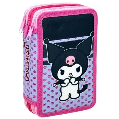 Abbildung von 3 Fach Federmäppchen für Hello Kitty Kuromi Fan 44 teilig, komplett gefüllt, inklusive Stifte, Bleistifte, Filzstifte, Buntstifte, Scheren Grundschule und Geschenk Offizielles Gadget Kinder
