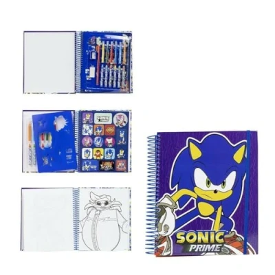 Abbildung von Sonic Ausmalbuch Malbuch für Kinder mit Zeichenschablonen, Aufklebern, Bleistiften und Filzstiften Schulsachen Set Original Produkt in Spanien Designed