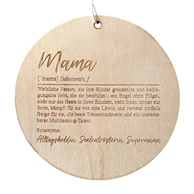 Abbildung von Papierdrachen Rundes Holzhängeschild mit Gravur Mama und der Definition Synonymen in Grösse 22x22x0.8cm originelles Muttertagsgeschenk