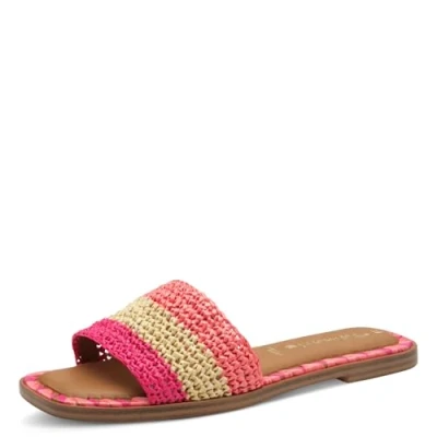 Abbildung von Tamaris Pantolette, Blockabsatz, Sommerschuh, Strandschuh, zweifarbige Bast Umrandung