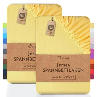 Abbildung von NatureMark 2er Pack Kinder Jersey Spannbettlaken, Spannbetttuch 100% Baumwolle in vielen Größen und Farben MARKENQUALITÄT ÖKOTEX Standard 100 70x140 cm gelb