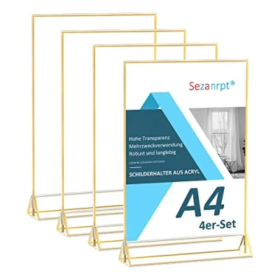 Abbildung von Sezanrpt A4 Acryl Zeichen Halter mit Gold Boarder 4 Pack, Hochzeit Tischnummern Display Stand Doppelseite, klare Menü für Tischplatte, Restaurant Einzelhandel, Papierhalter, Bilderrahmen