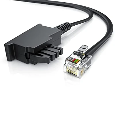 Abbildung von CSL 15m Telefonkabel TAE F Stecker auf RJ11 Int. Norm 6P4C / 4 polig belegt Flachkabel von analoger Telefondose zum Telefon Fax Modem Router Anrufbeantworter, 15 Meter schwarz
