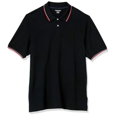 Abbildung von Amazon Essentials Herren Polohemd mit normaler Passform aus Baumwollpiqué (erhältlich in Big &amp; Tall), Schwarz Rot Weiß Thin Stripe, L