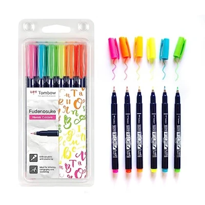 Abbildung von Tombow WS BH 6P Brush Pen Fudenosuke Neon 6er Set, harte Spitze, pink, yellow, green, orange, red, blue