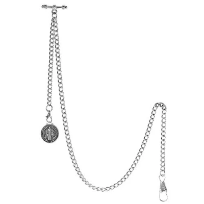Abbildung von TREEWETO Taschenuhrkette mit T Bar Endstück Albert Taschenuhr Kette Antiker Jesus Anhänger und 2 Haken für Weste Knopfloch Silber