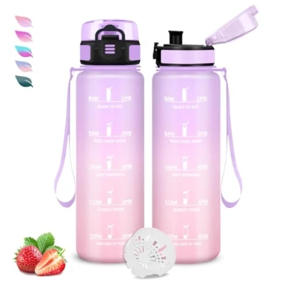 Abbildung von Trinkflasche 1l, Wasserflasche Auslaufsicher, mit Zeitmarkierung und Filter, Leicht zu Reinigen, Sport für Schule, Büro, Outdoor, Camping, Running, Fitness, Gym