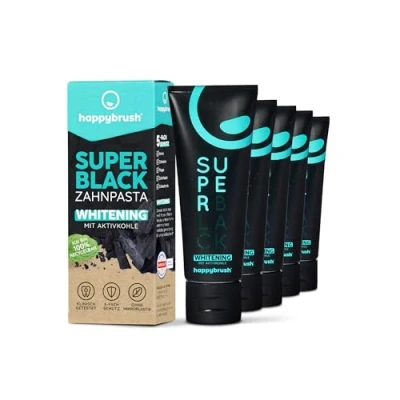 Abbildung von happybrush Vegane Aktivkohle Zahnpasta SuperBlack mit Minze Geschmack 5er Pack Schwarze für weisse Zähne und Zahnaufhellung Vorratspack (5 x 75ml)