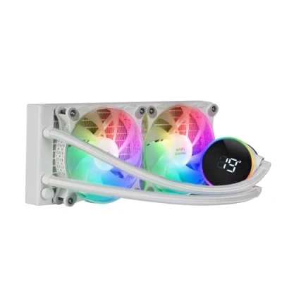 Abbildung von Mars Gaming ML LCD240, Flüssigkeitsgekühlter AIO, TDP 500W, 2x ARGB 120mm FDB Lüfter, LCD Display mit Temperaturüberwachung, Opti Chamber 3rd Gen Pumpe, Universal Multisocket, Weiß