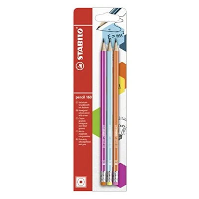 Abbildung von Bleistift mit Radierer STABILO pencil 160 in pink, blau, orange 3er Pack Härtegrad HB