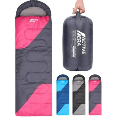 Abbildung von Active Era Premium Mumienschlafsack 250 GSM, Schlafsack Winter &amp; Sommer, 11C bis 8C, Indoor und Outdoor Camping, Festivals, Sleeping Bag Wasserabweisend, Ultraleicht Kleines Packmaß Pink