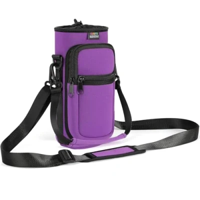 Abbildung von Nuovoware Flaschenhalter Trinkflasche Molle Beutel 750ml, Isolierte Neopren Kessel mit Schultergurt und Front Reißverschluss Tasche für Wandern Laufen Radfahren Jagd Reisen, Lila