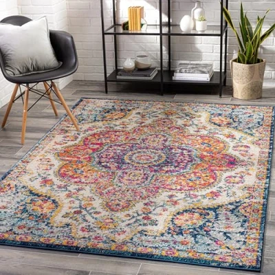 Abbildung von Surya Rabat Vintage Teppich groß Teppiche Wohnzimmer, Esszimmer, Flur, Carpet Living Room Orientalischer Boho Style Bunter Muster, Fuchsia, Mustard, Dark Blue, Sky Grey 140x200cm
