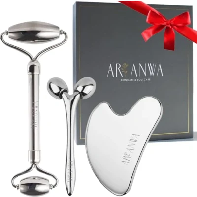 Abbildung von 🆄🅽🆂🅴🆁 𝗧𝗜𝗣𝗣: Premium Edelstahl Gua Sha und Gesichtsroller Set + 3D Massager für straffe Haut definierte Konturen Stainless Steel
