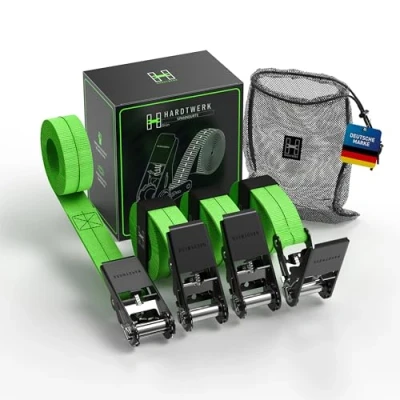 Abbildung von Hardtwerk® Spanngurte mit Ratsche (4 Stück) 6m, 1000kg Greifkraft, TÜV &amp; GS Zertifiziert Vielseitige Ratschenzurgurte für den Professionellen Gebrauch Anhänger, Gepäck Camping, Grün