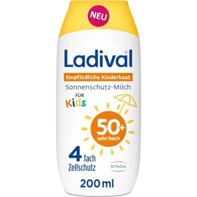 Abbildung von Ladival Kinder Sonnencreme Milch LSF50+ für empfindliche Kinderhaut, Babys und ab 6 Monaten, extra wasserfest, 4 fach Zellschutz, 200ml, Verpackung kann variieren