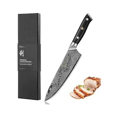 Abbildung von Wakoli Nitoko Damastmesser Chefmesser 20 cm Klinge aus 67 Lagen echtem Damaststahl, G10 Griff, durchgehender Erl Premium Damast Küchenmesser und Profi Messer in Geschenkverpackung